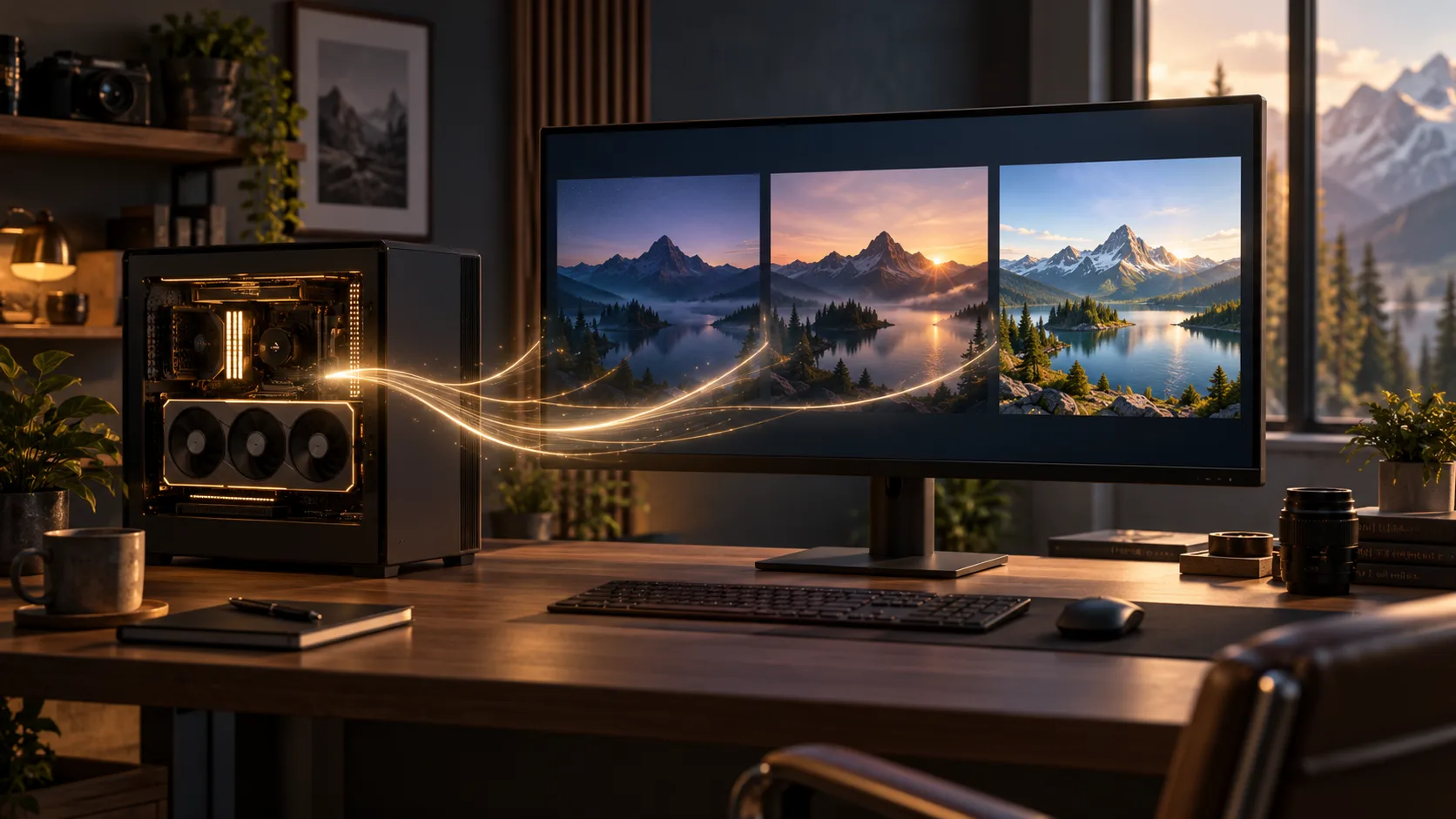 Concept illustration of a consumer GPU workstation creating cinematic video frames locally