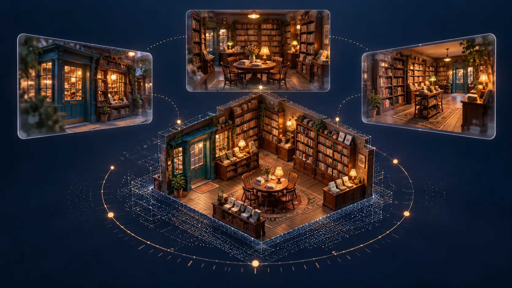 Concept illustration of a persistent bookstore scene surrounded by cinematic viewpoints and a timeline