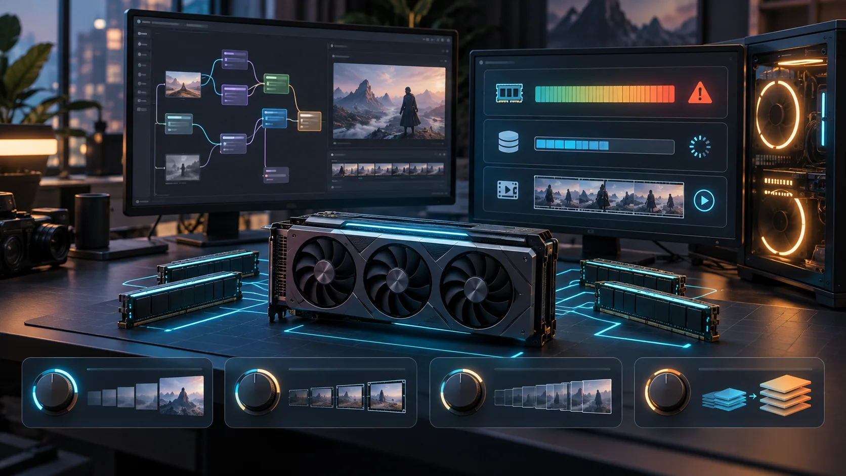 Conceptual GPU workstation showing memory pressure and local AI video workflow controls