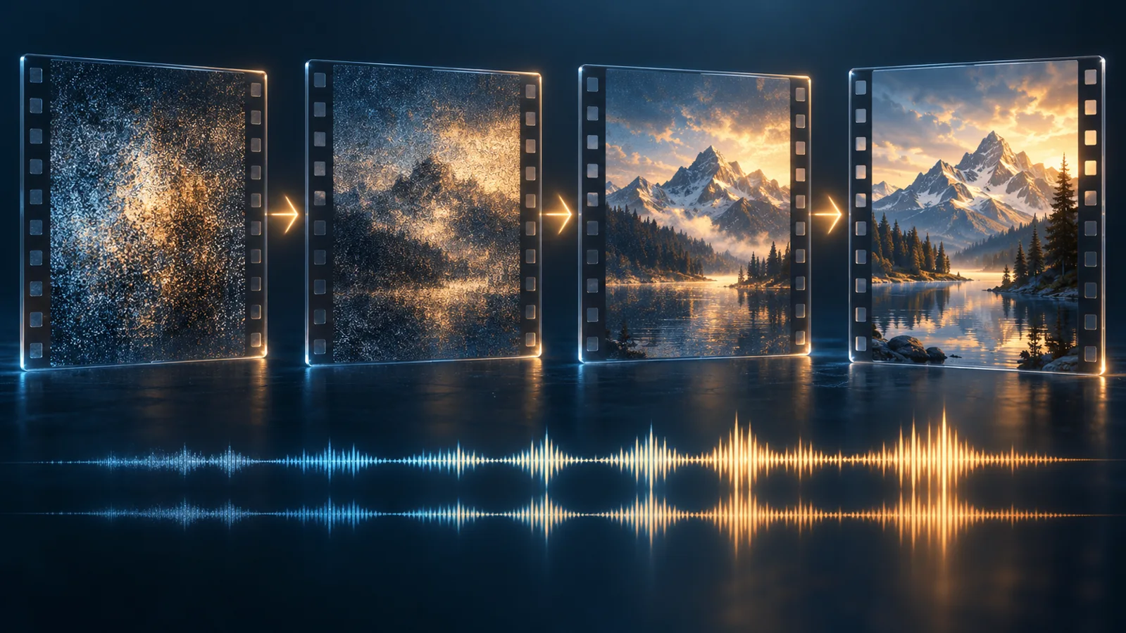 Concept illustration of four progressively clearer film panels and a stereo waveform