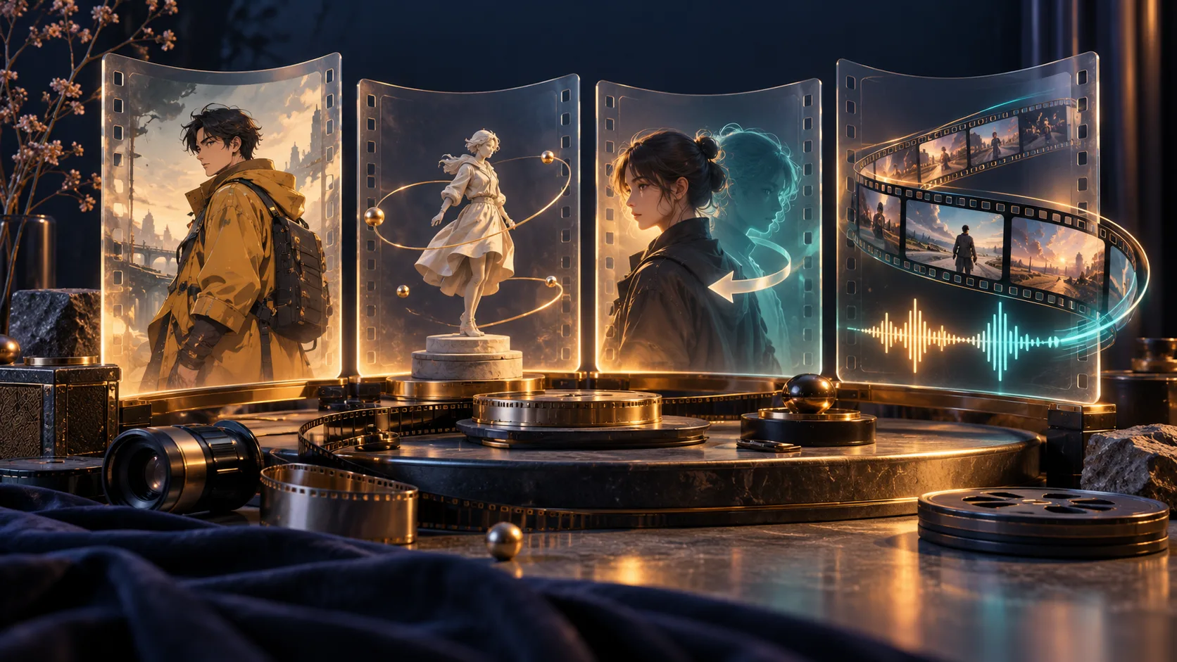 Concept illustration of film panels representing video style, camera orbits, character editing and audio-video acceleration