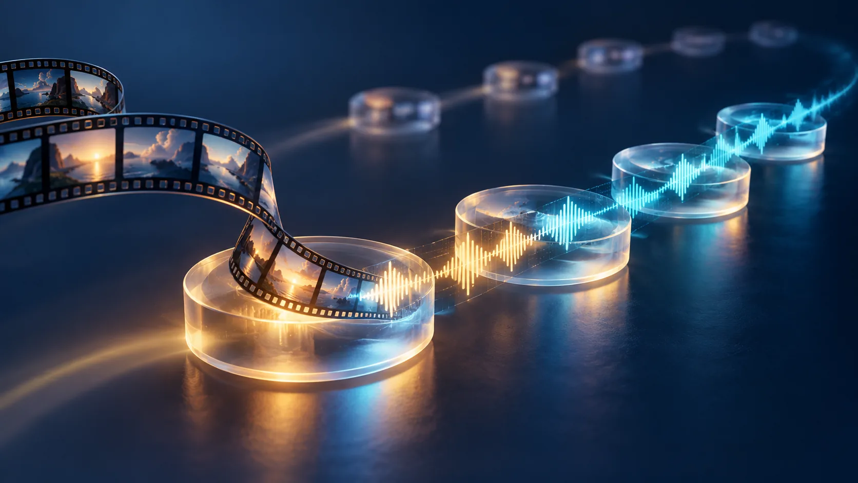 Concept illustration of film frames and an audio waveform moving through four and six stepping stones
