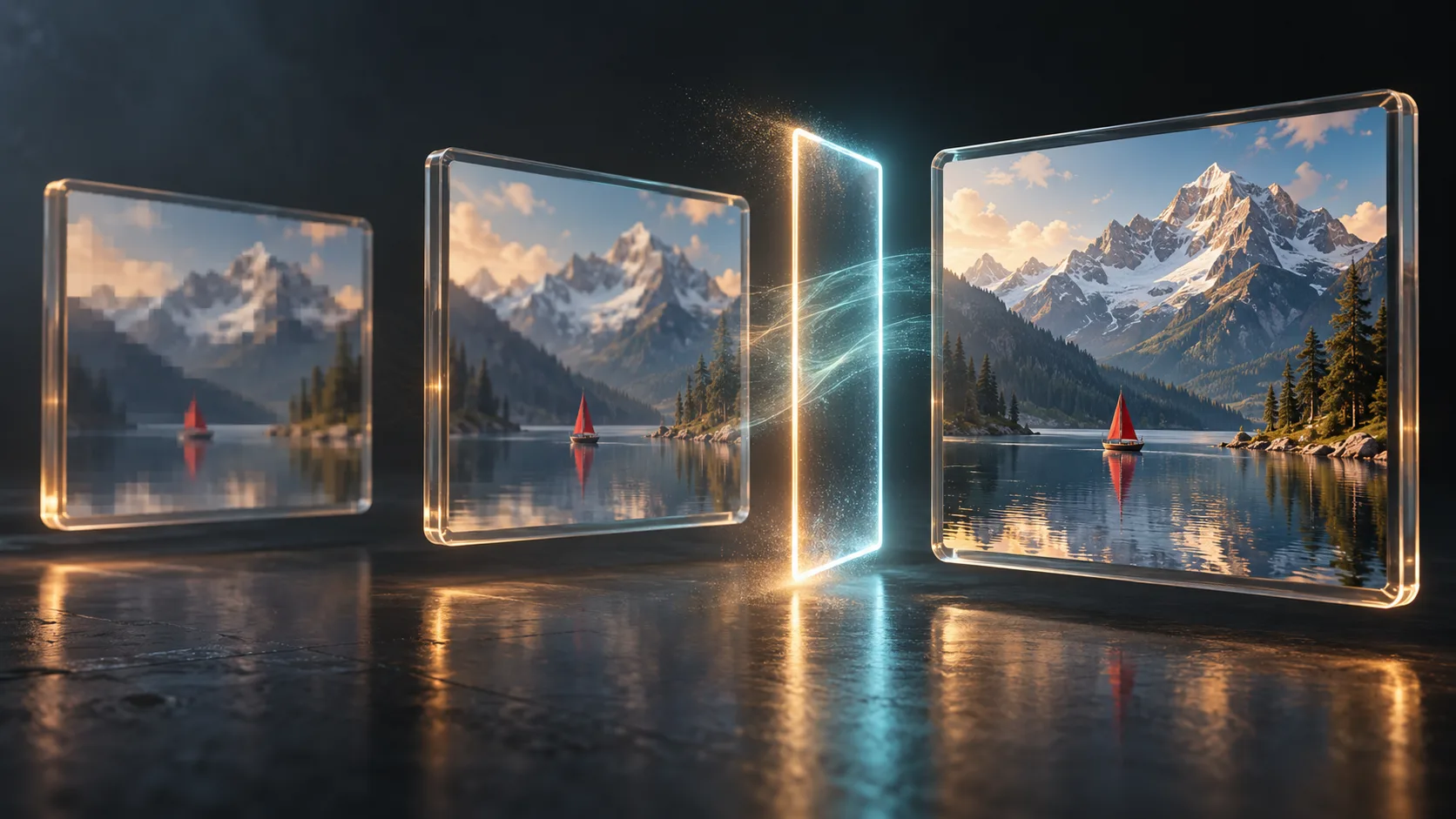 Concept illustration of a soft video draft passing through a refinement stage toward a detailed alpine lake frame