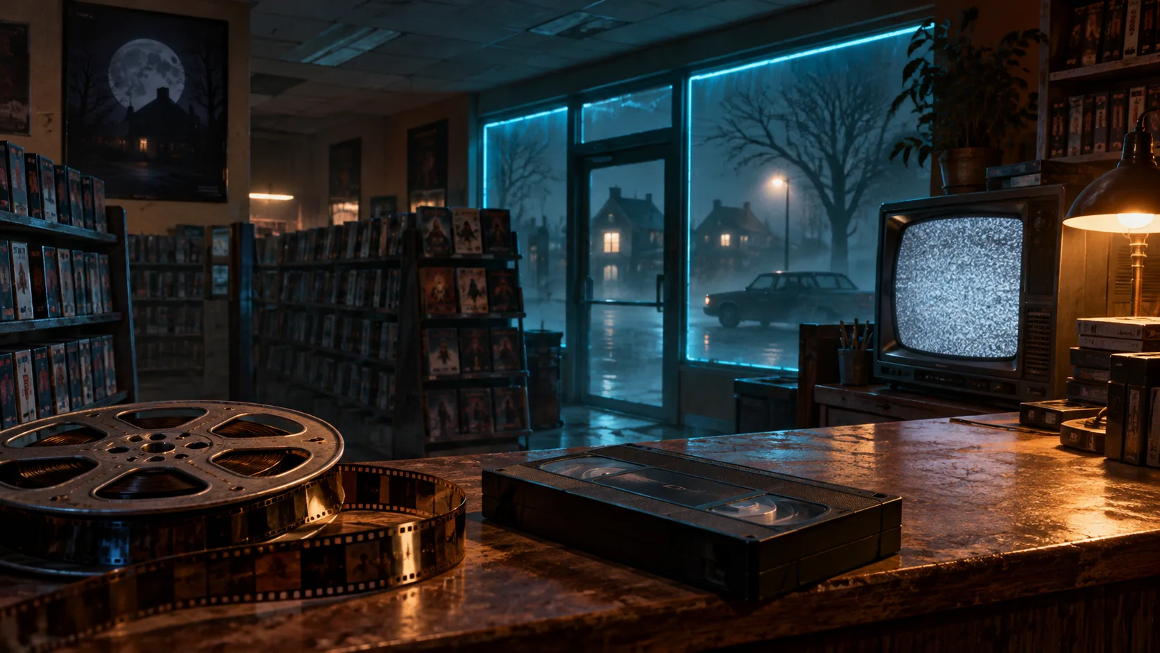 Concept illustration of a retro video rental shop with a VHS cassette, film reel and eerie lighting