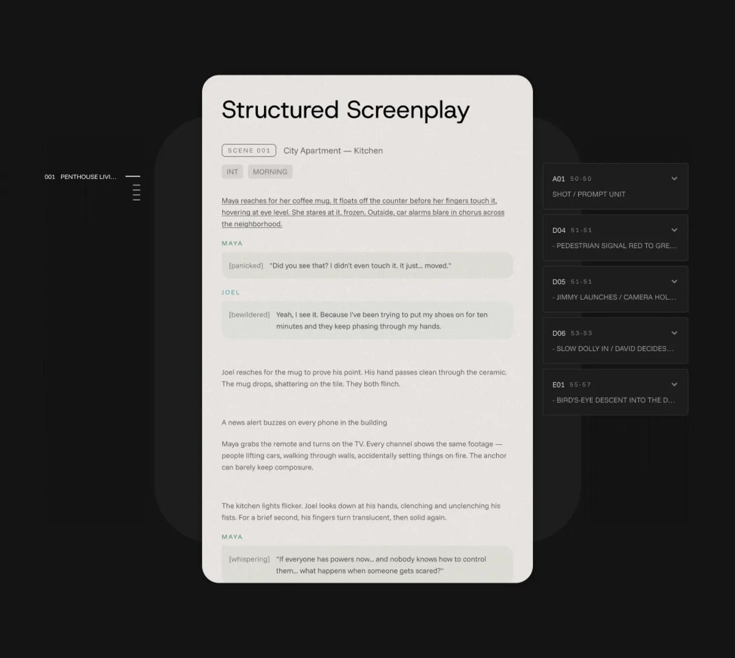 Official PAI product image showing a structured screenplay with dialogue alongside shot and prompt units